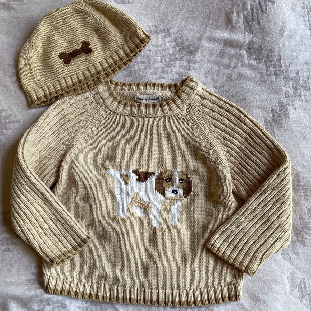 Adorable organic sweater with matching hat